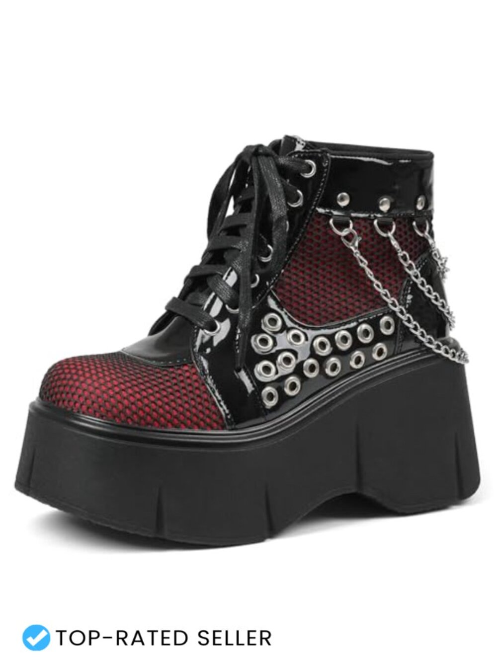 Round Toe Lace Up Ankle Booties with Wedge Heel, Mesh Punk Combat Boots for